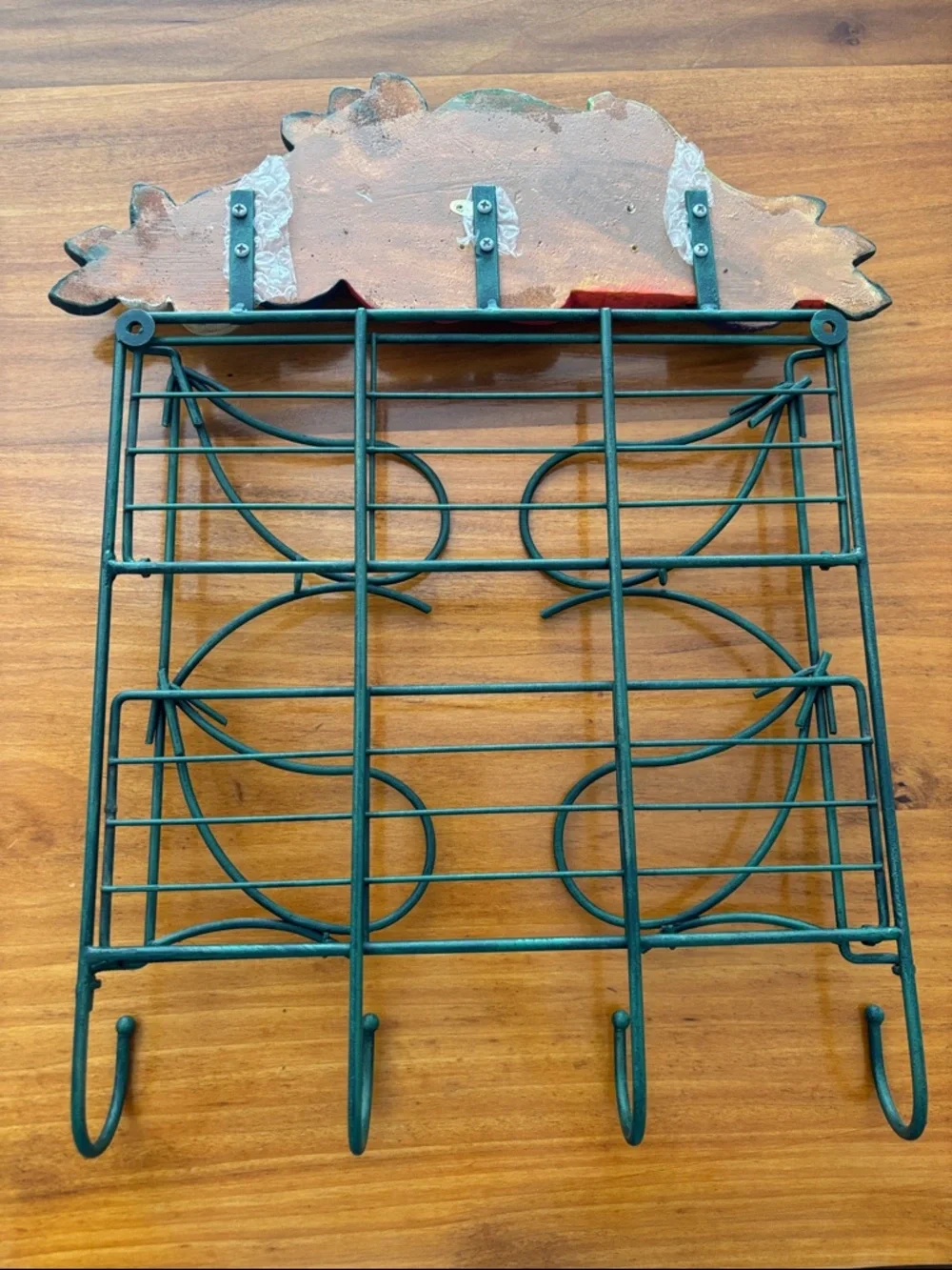 Kitchen Wall Hook Shelf with Colorful Vegetable Accent, Green Metal, Collapsible